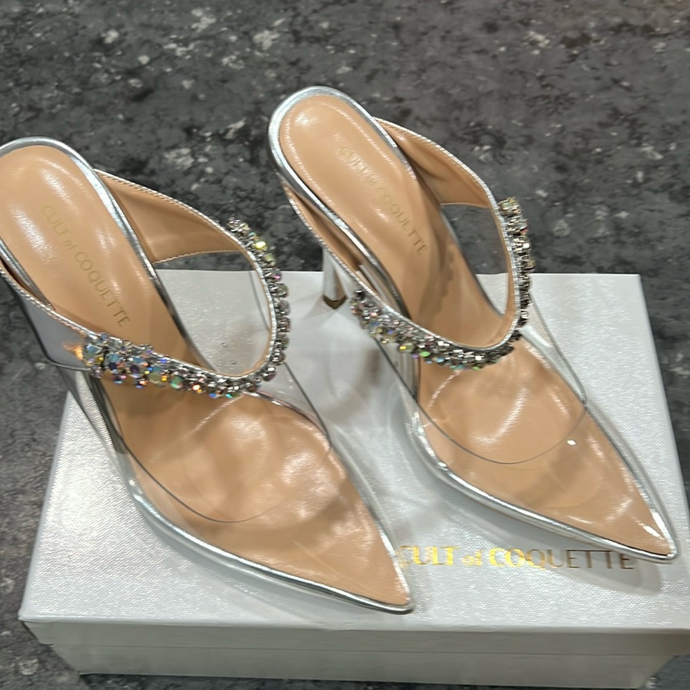 Cult of Coquette. Clear,silver and rhinestones. Size 8 1/2 never been wore.